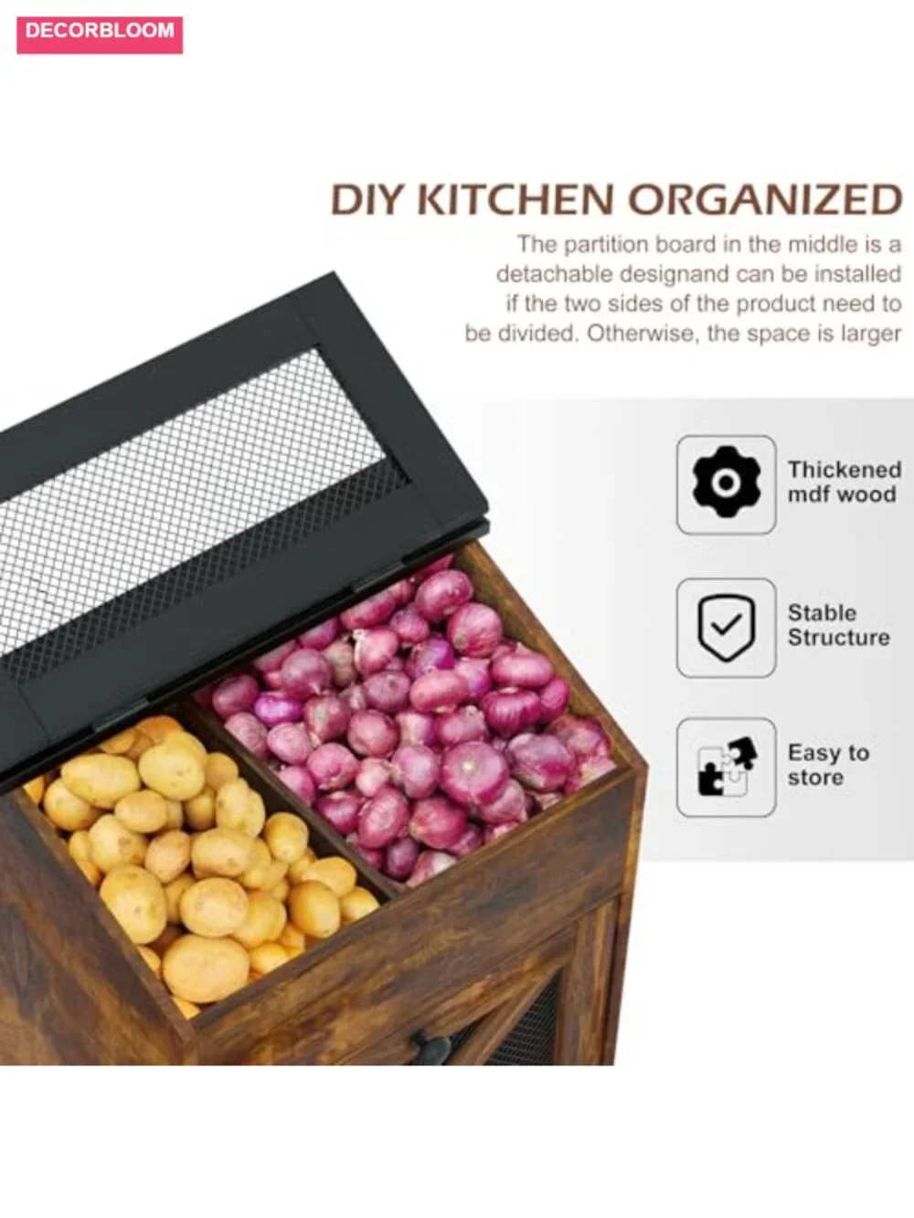 MDF Wood Potato Onion Storage Bin with Lid and Ventilated Wire Mesh Doors for
